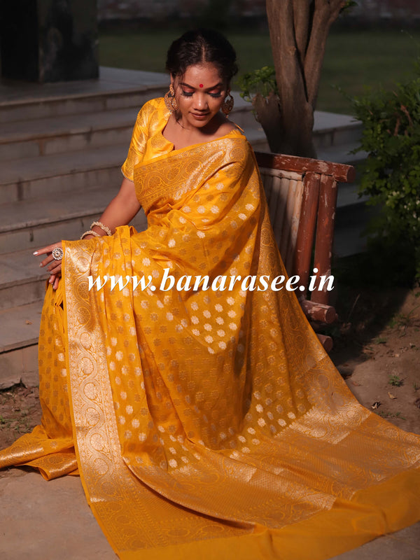 Banarasee Handwoven Semi-Chiffon Saree With Silver Zari Buti & Border-Mustard Yellow