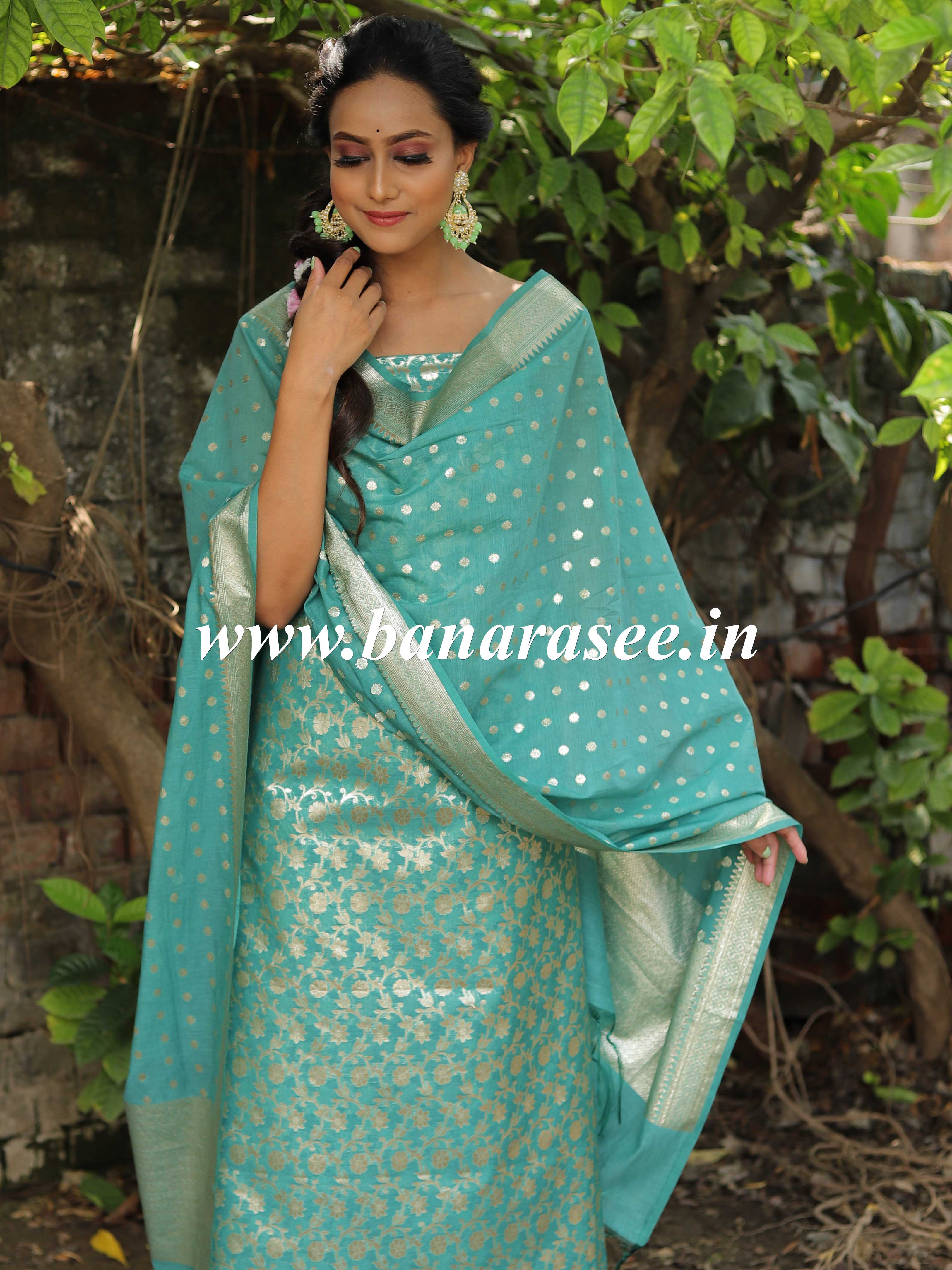 Banarasee Handloom Chanderi Cotton Zari Work Salwar Kameez Dupatta Set-Green