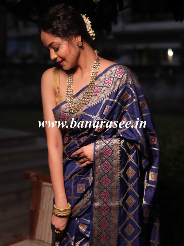 Banarasee Handwoven Semi Silk Patola Design Meena & Zari Work Saree-Deep Blue