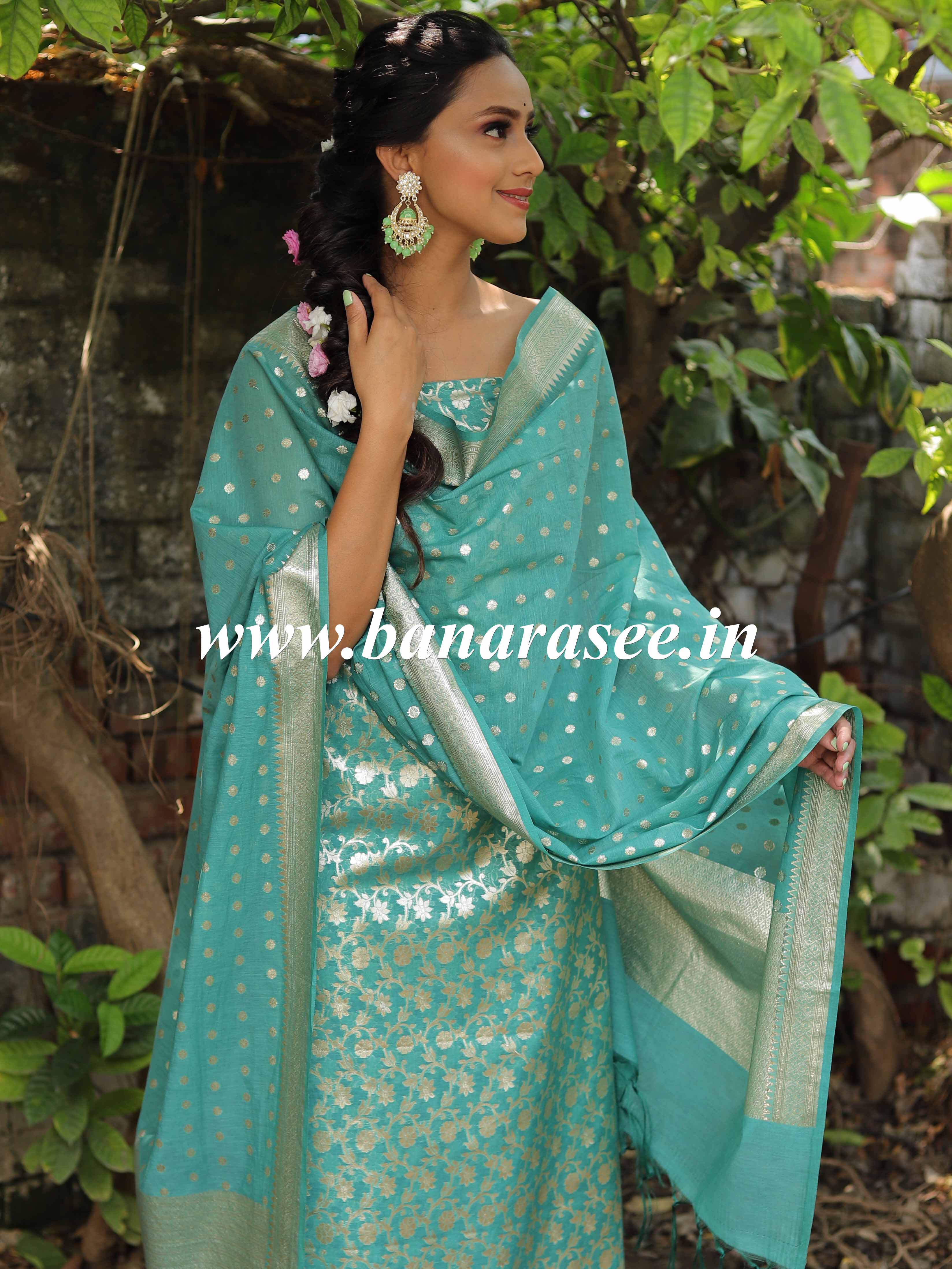 Banarasee Handloom Chanderi Cotton Zari Work Salwar Kameez Dupatta Set-Green