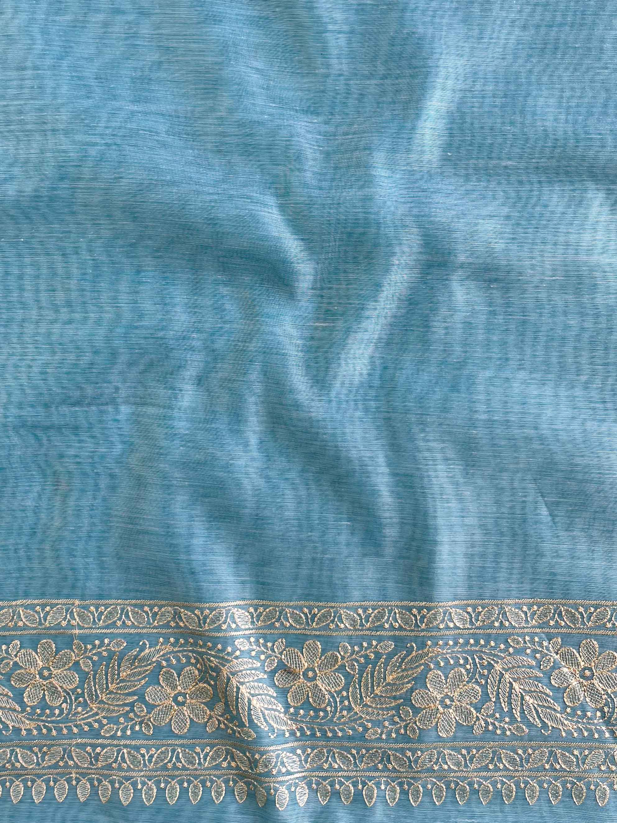 Banarasee Chanderi Cotton Floral Embroidered Saree-Pastel Blue