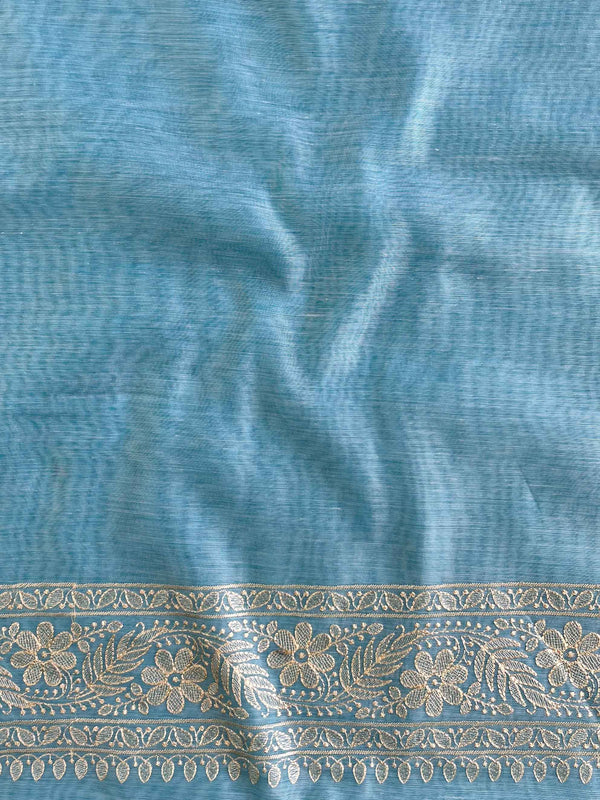 Banarasee Chanderi Cotton Floral Embroidered Saree-Pastel Blue