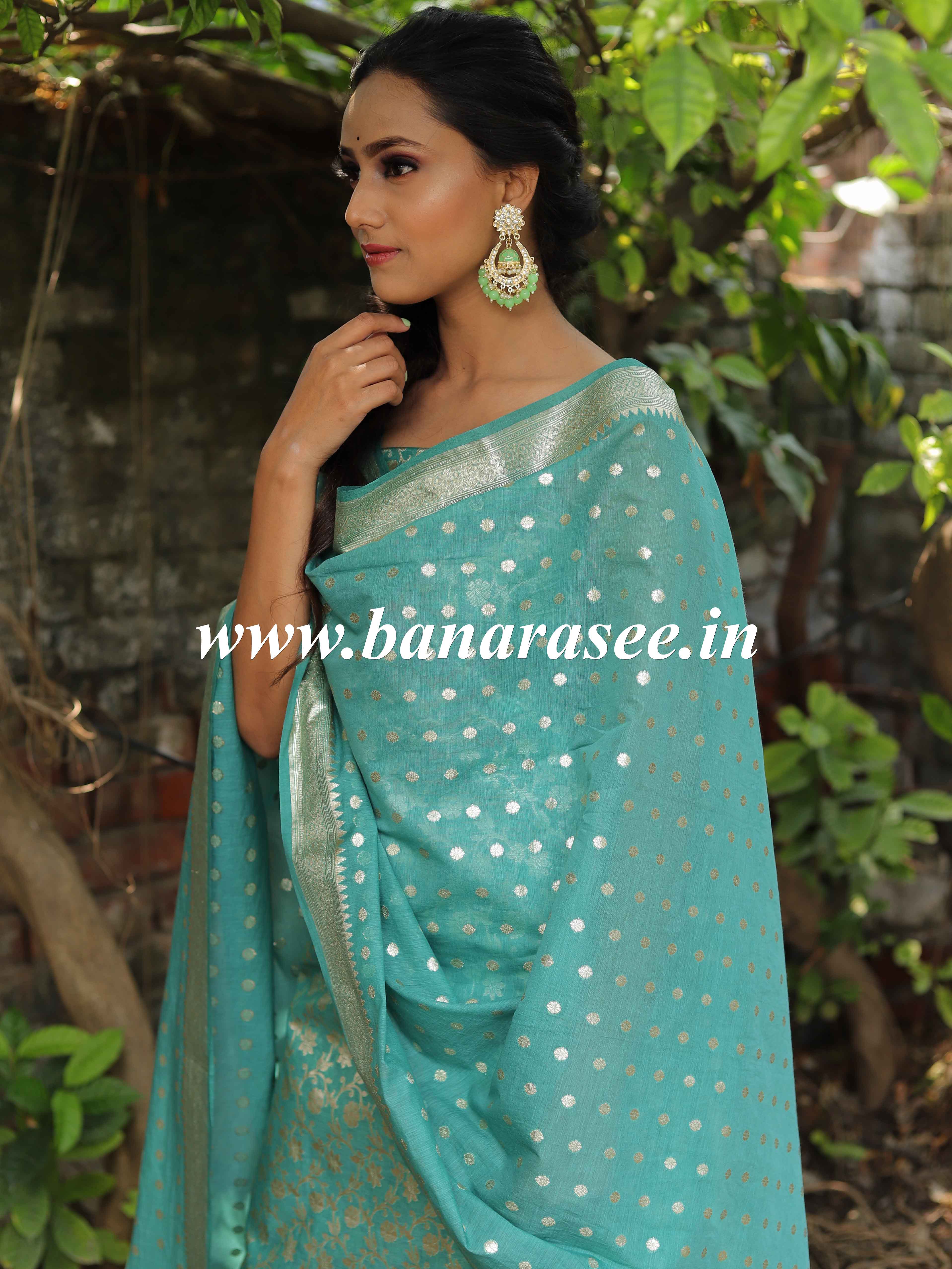 Banarasee Handloom Chanderi Cotton Zari Work Salwar Kameez Dupatta Set-Green