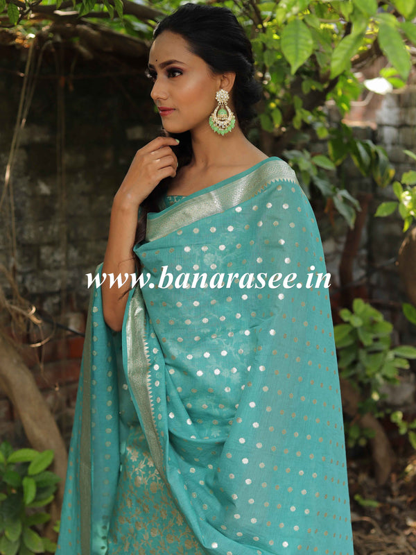Banarasee Handloom Chanderi Cotton Zari Work Salwar Kameez Dupatta Set-Green