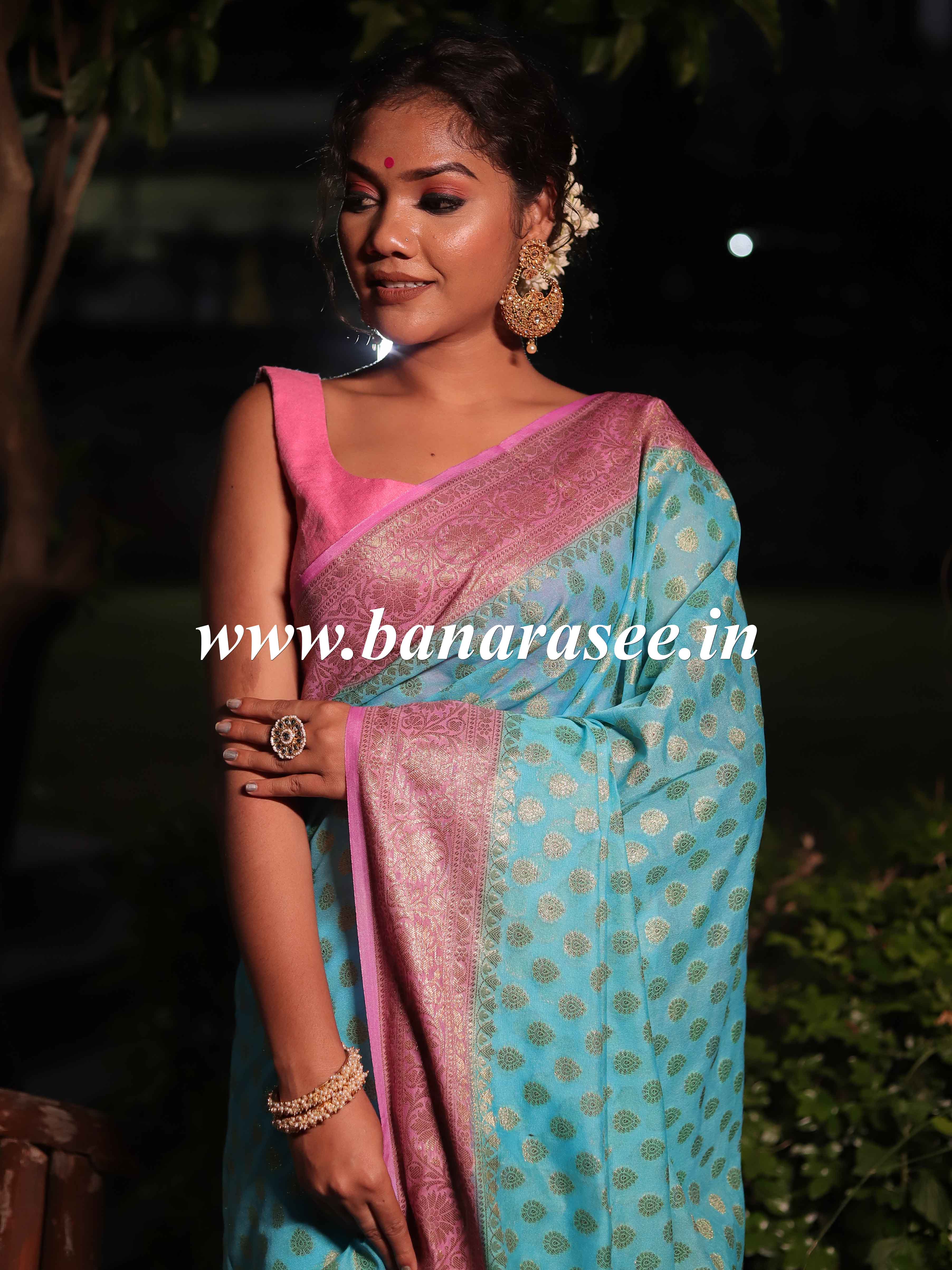 Banarasee Faux Georgette Saree With Antique Gold Zari work-Sky Blue & Pink