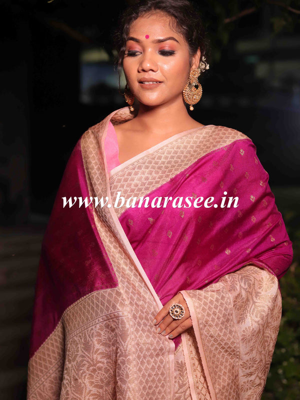 Banarasee Handwoven Semi Silk Saree With Contrast Border-Magenta & Peach