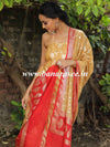Banarasee Handloom Chanderi Cotton Zari Work Salwar Kameez Dupatta Set-Light Brown & Red