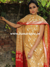 Banarasee Handloom Chanderi Cotton Zari Work Salwar Kameez Dupatta Set-Light Brown & Red