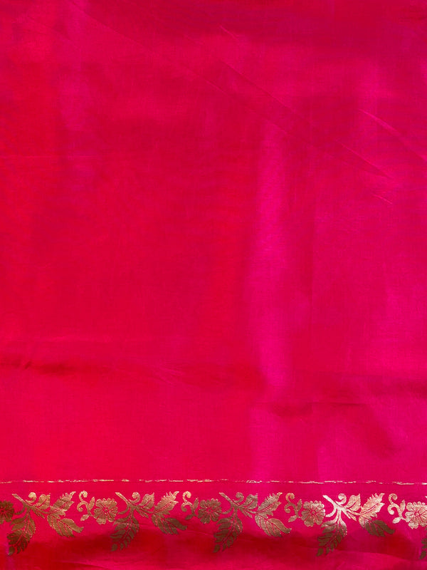 Banarasee Handwoven Dual  Color Semi Silk Saree With Floral Buta & Broad Border-Orange & Pink
