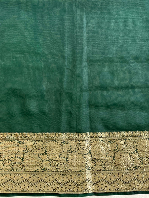 Banarasee Organza Mix Saree With Contrast Zari Border Design-Green
