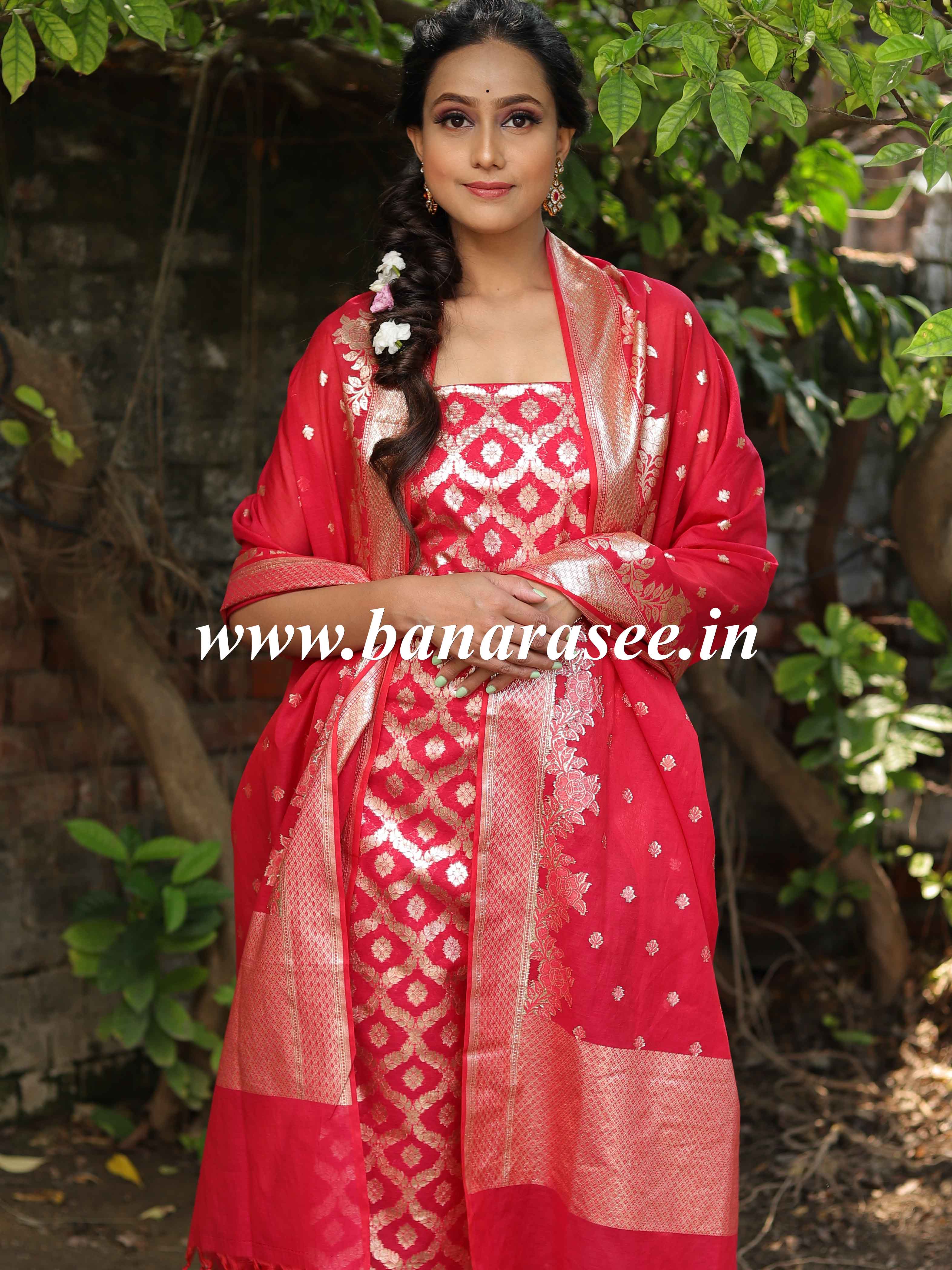 Banarasee Handloom Chanderi Cotton Zari Work Salwar Kameez Dupatta Set-Red