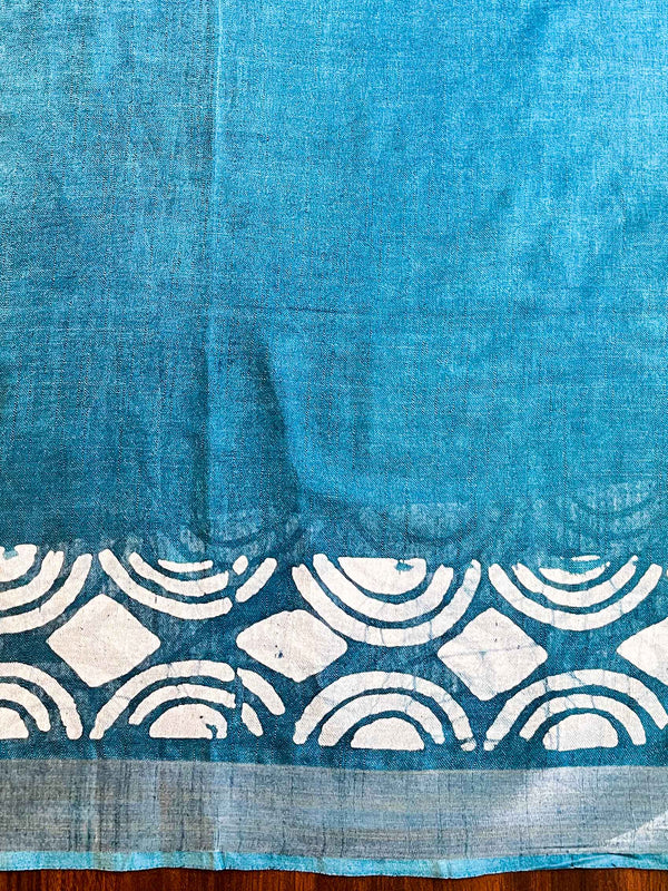 Bhagalpur Handloom Pure Linen Cotton Hand-Dyed Batik Pattern Saree-Rama Green