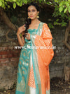 Banarasee Handloom Chanderi Cotton Zari Work Salwar Kameez Dupatta Set-Orange & Green