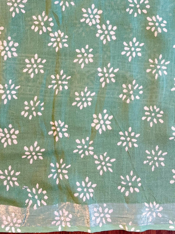 Linen Cotton Bagru Hand-Block Printed Saree-Green