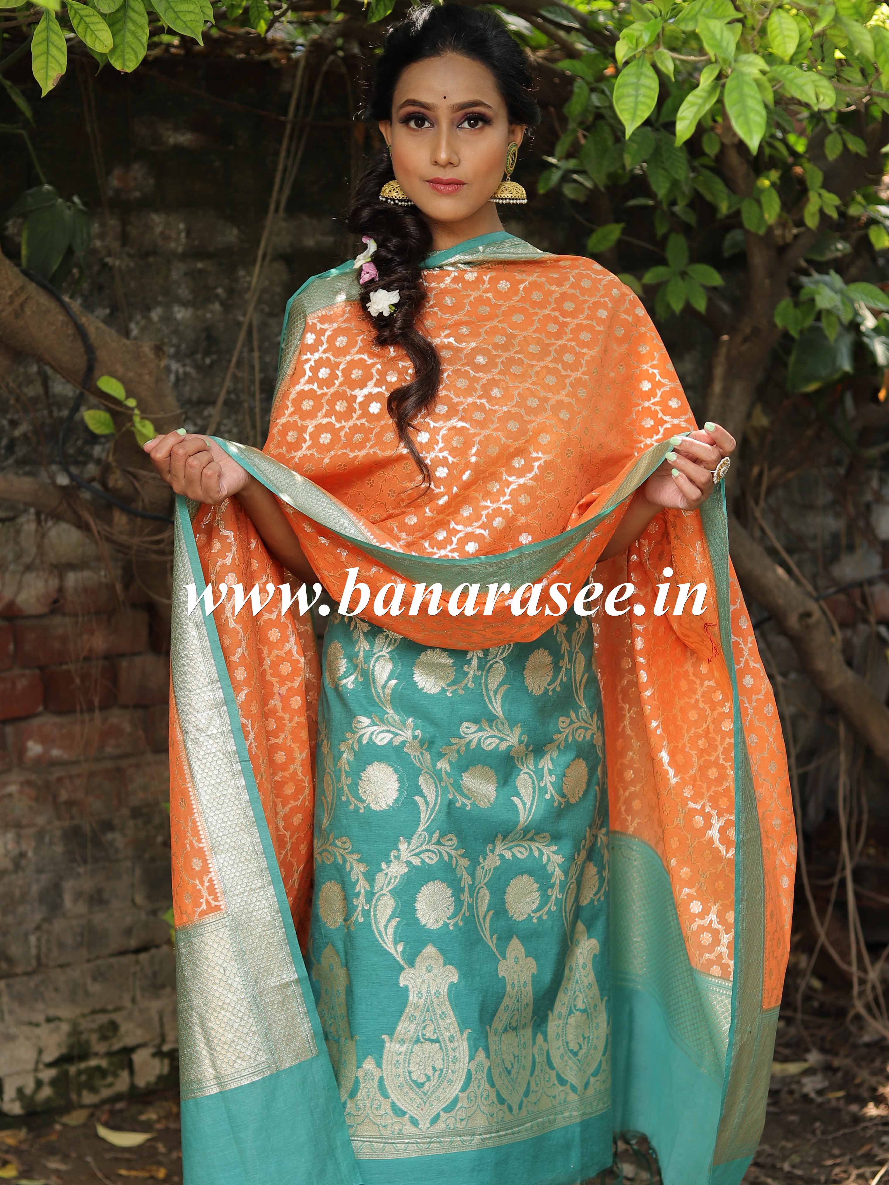Banarasee Handloom Chanderi Cotton Zari Work Salwar Kameez Dupatta Set-Orange & Green