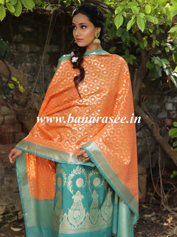 Banarasee Handloom Chanderi Cotton Zari Work Salwar Kameez Dupatta Set-Orange & Green