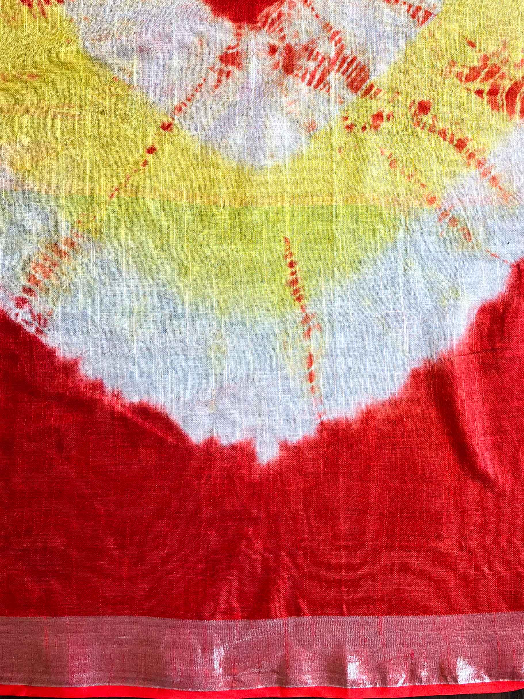Bhagalpur Handloom Pure Linen Cotton Hand-Dyed Shibori Pattern Saree-Red & Yellow