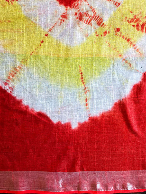 Bhagalpur Handloom Pure Linen Cotton Hand-Dyed Shibori Pattern Saree-Red & Yellow