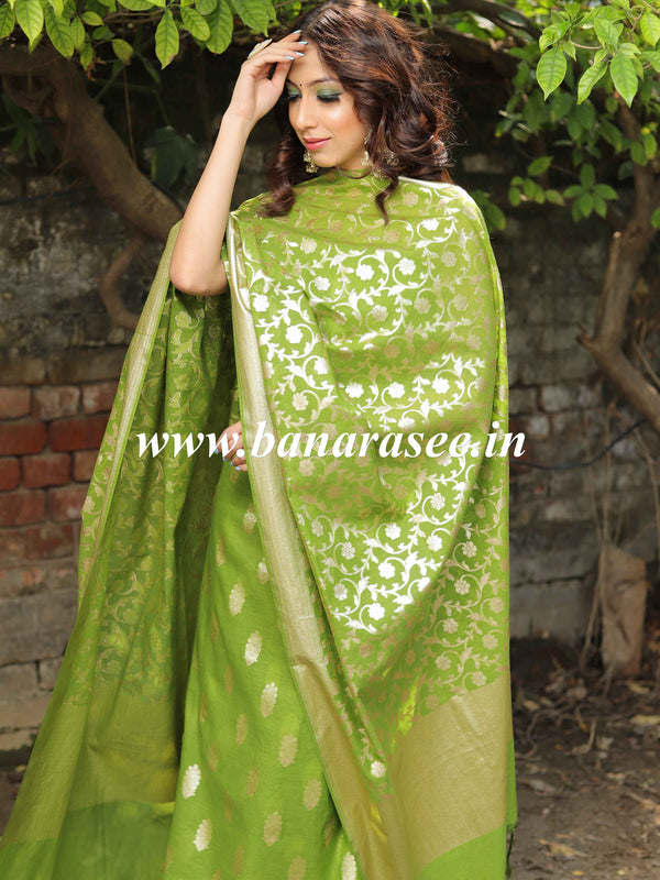 Banarasee Handloom Chanderi Cotton Zari Work Salwar Kameez Dupatta Set-Olive Green