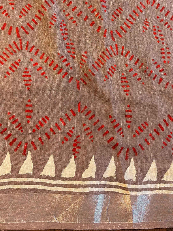 Linen Cotton Bagru Hand-Block Printed Saree-Brown