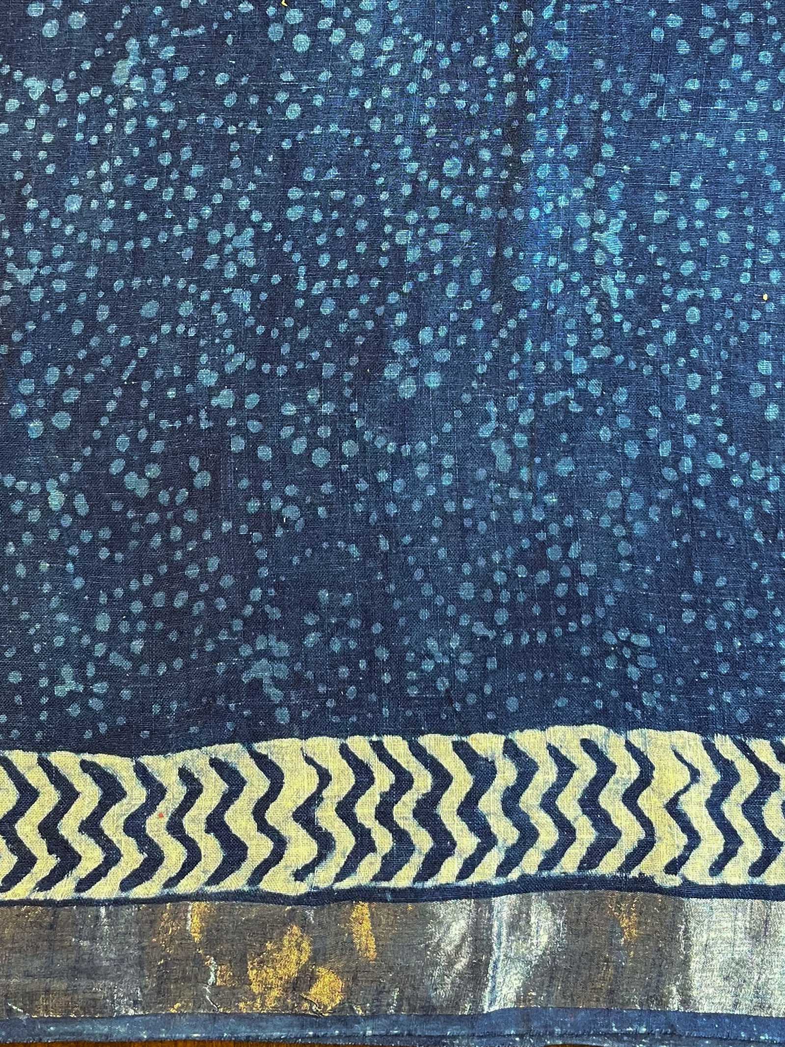Linen Cotton Bagru Hand-Block Printed Saree-Blue