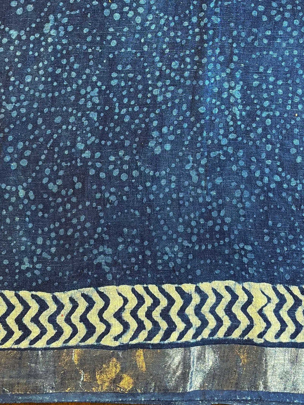 Linen Cotton Bagru Hand-Block Printed Saree-Blue