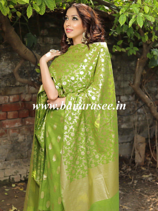 Banarasee Handloom Chanderi Cotton Zari Work Salwar Kameez Dupatta Set-Olive Green