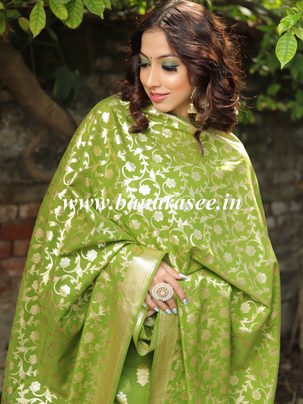 Banarasee Handloom Chanderi Cotton Zari Work Salwar Kameez Dupatta Set-Olive Green