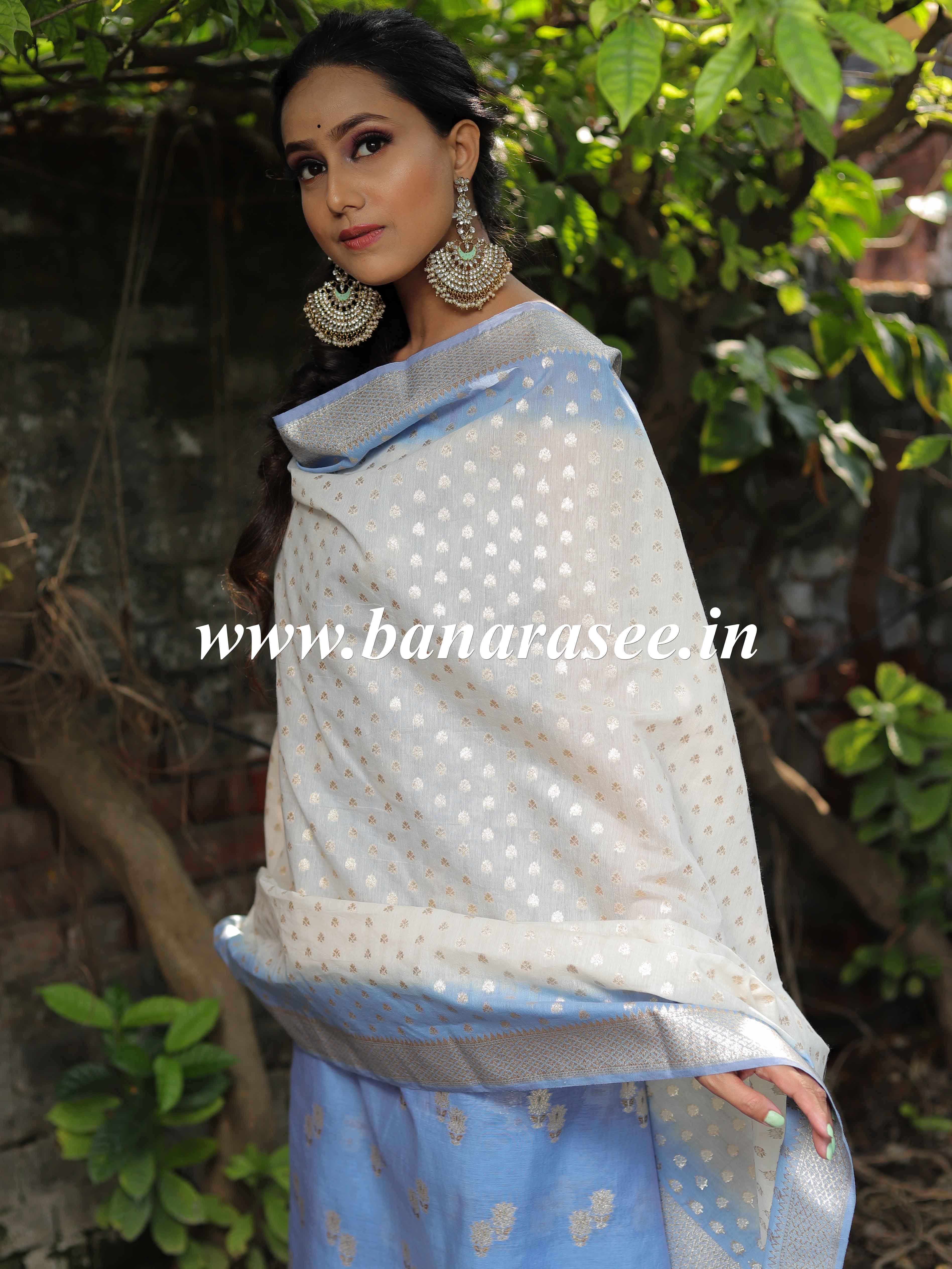 Banarasee Handloom Chanderi Silk Ombre Dyed Zari Work Salwar Kameez Dupatta Set-Blue & White