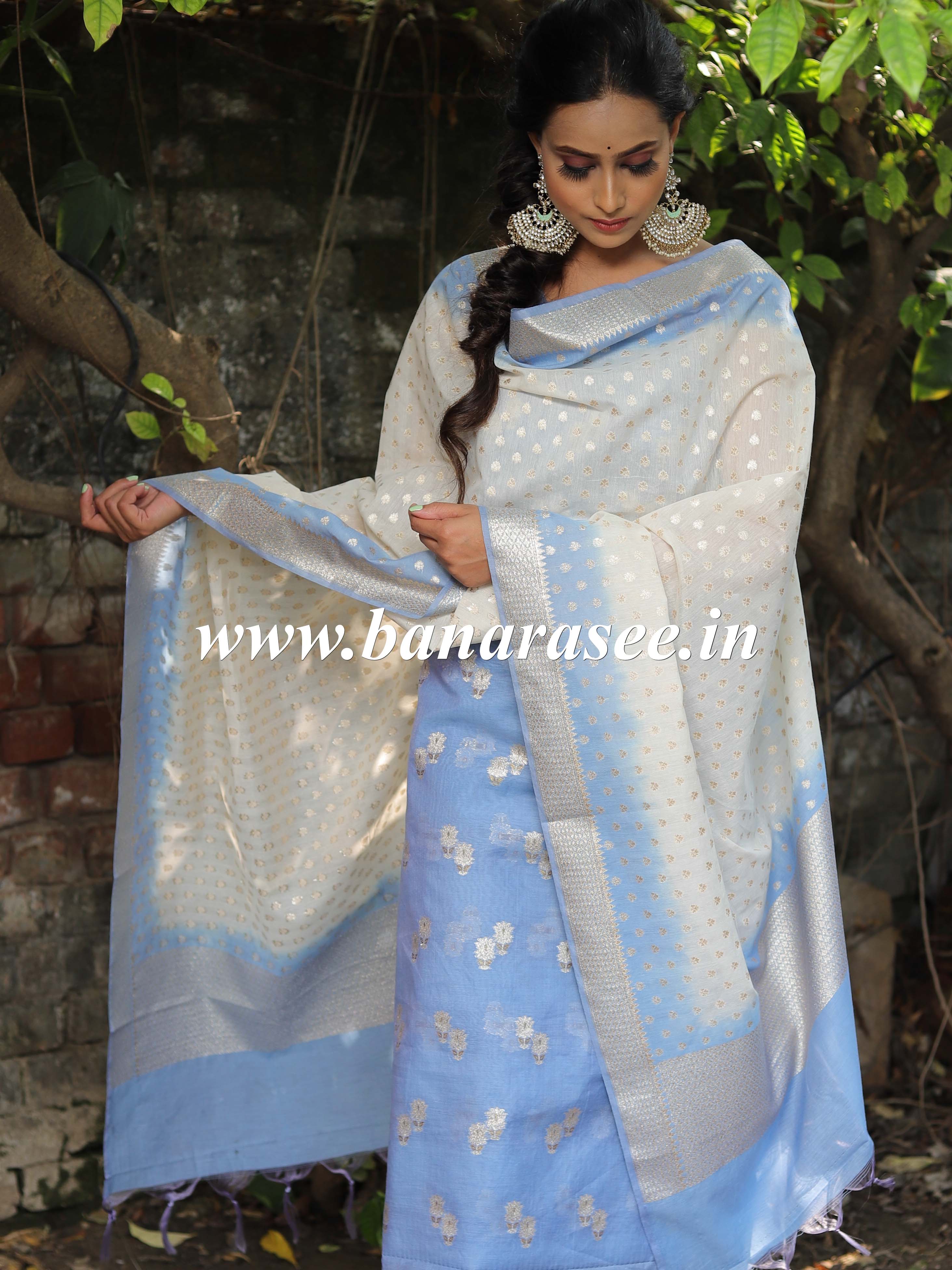 Banarasee Handloom Chanderi Silk Ombre Dyed Zari Work Salwar Kameez Dupatta Set-Blue & White