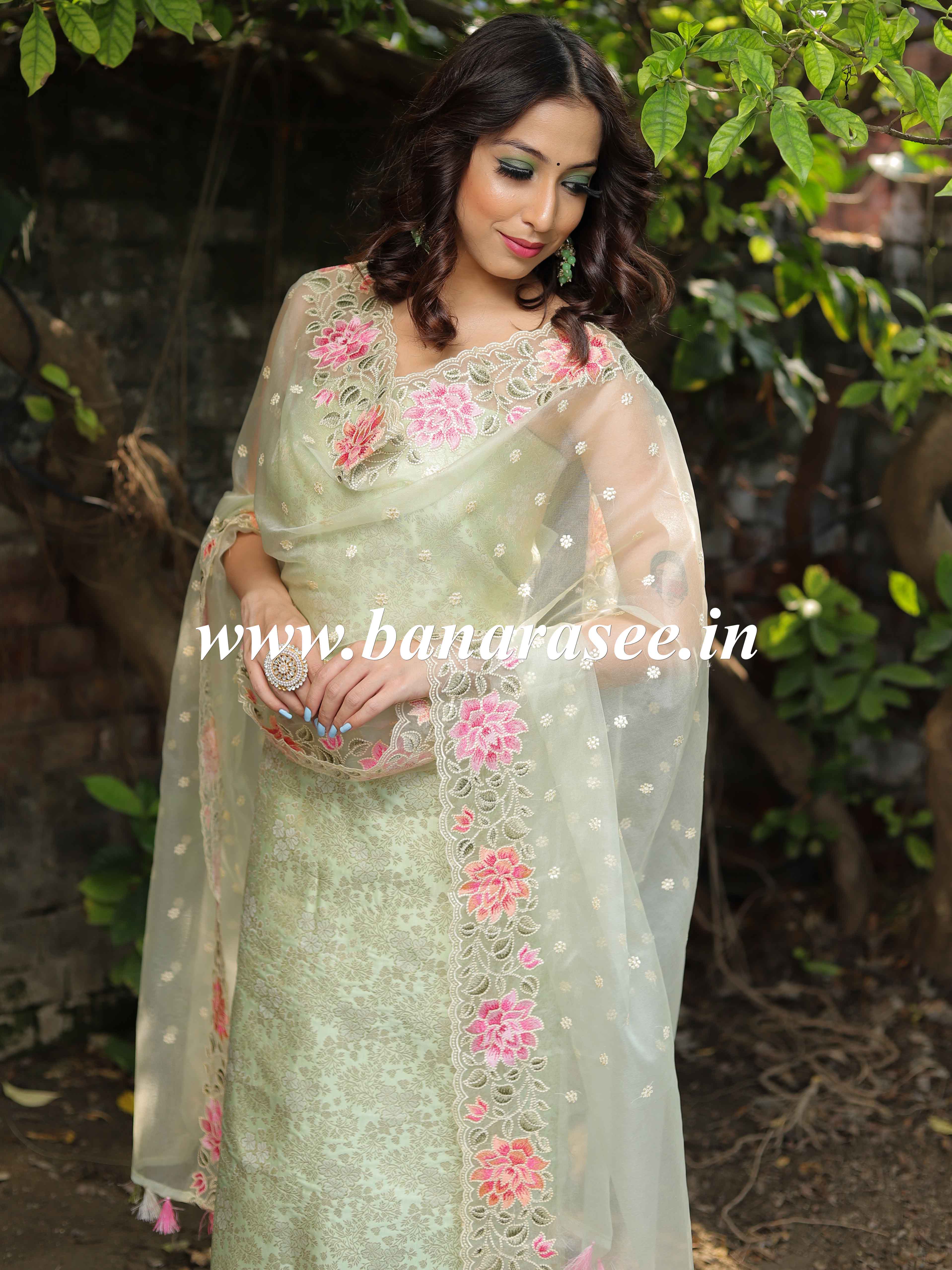 Banarasee Brocade Salwar Kameez Fabric With Embroidered Organza Dupatta-Pastel Green