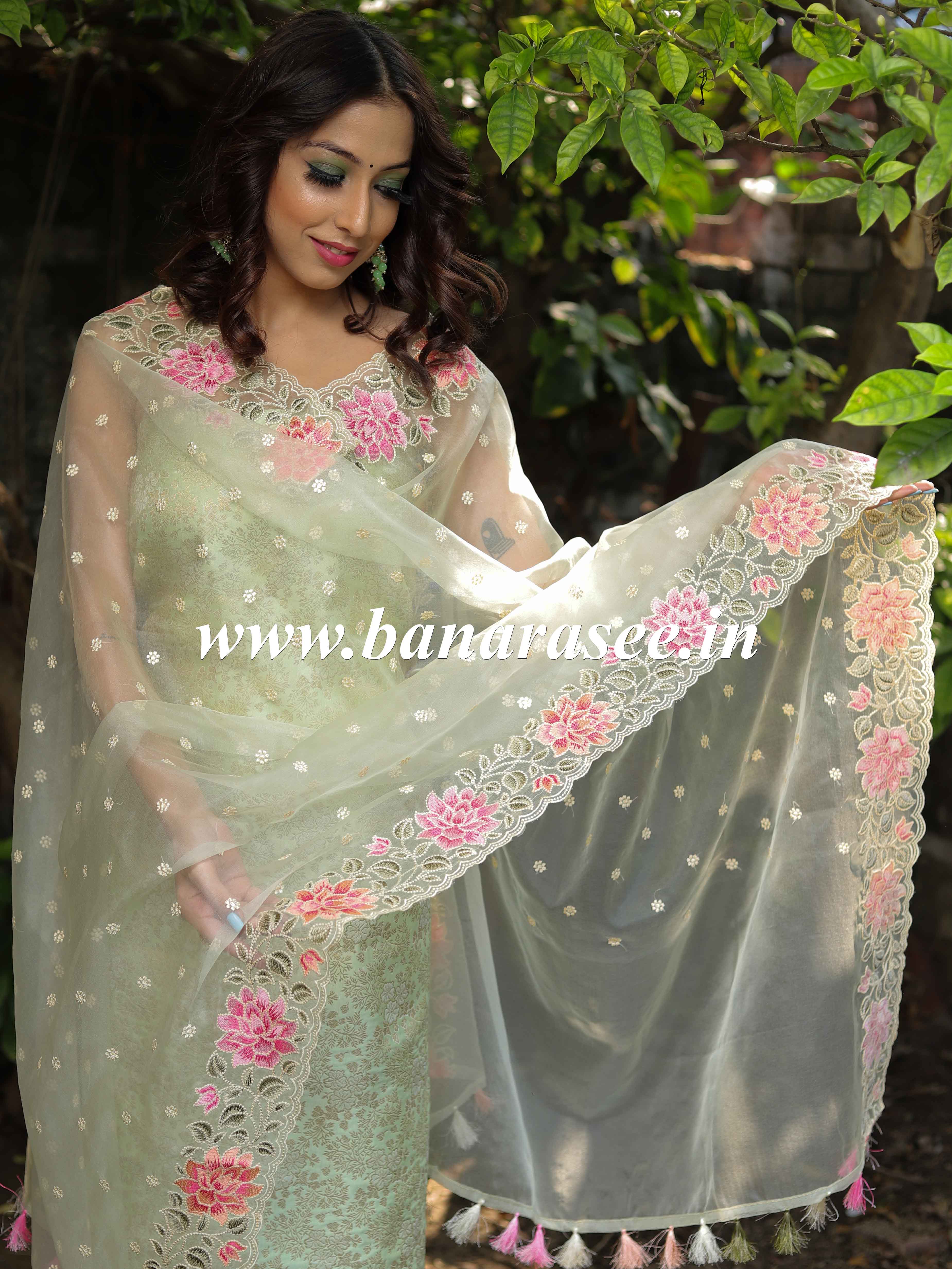 Banarasee Brocade Salwar Kameez Fabric With Embroidered Organza Dupatta-Pastel Green