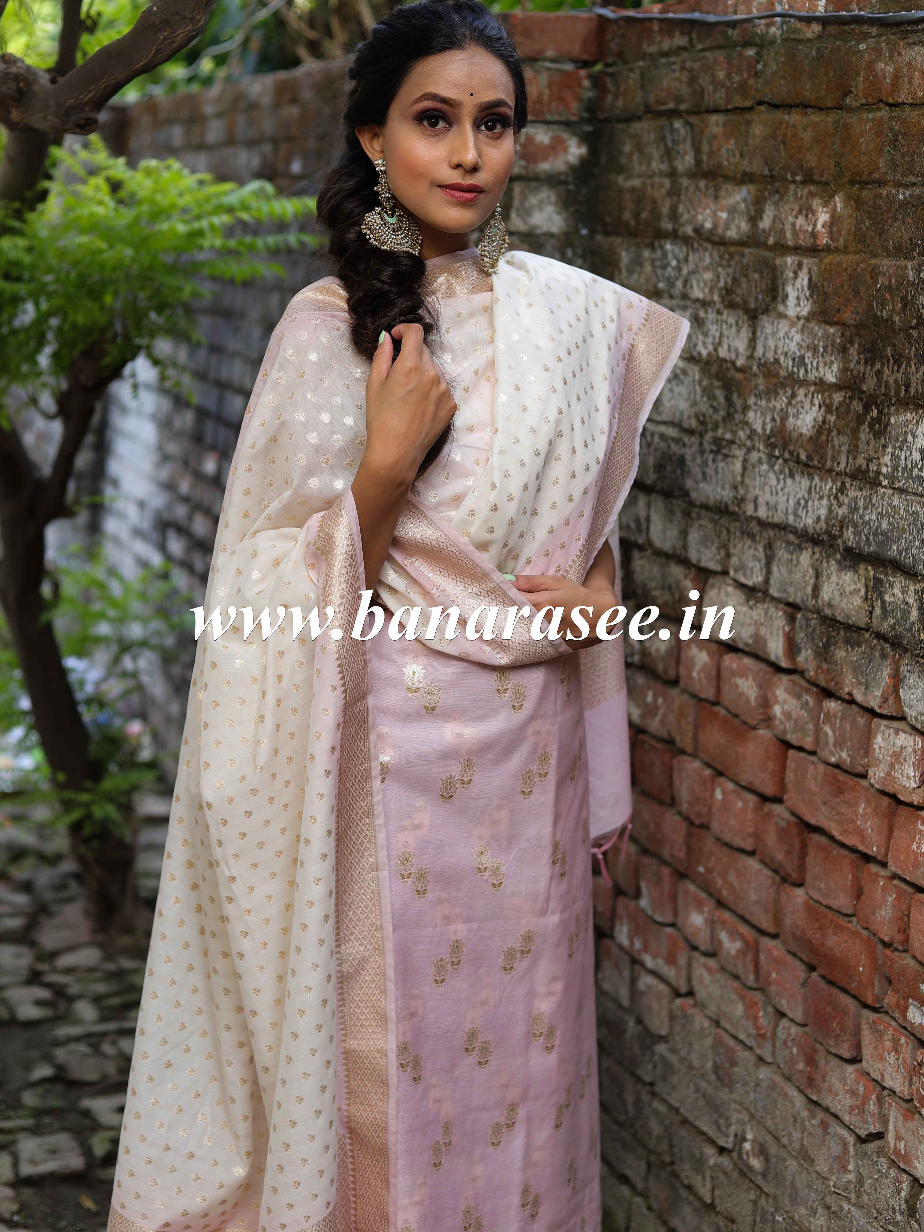 Banarasee Handloom Chanderi Silk Ombre Dyed Zari Work Salwar Kameez Dupatta Set-Pink & White