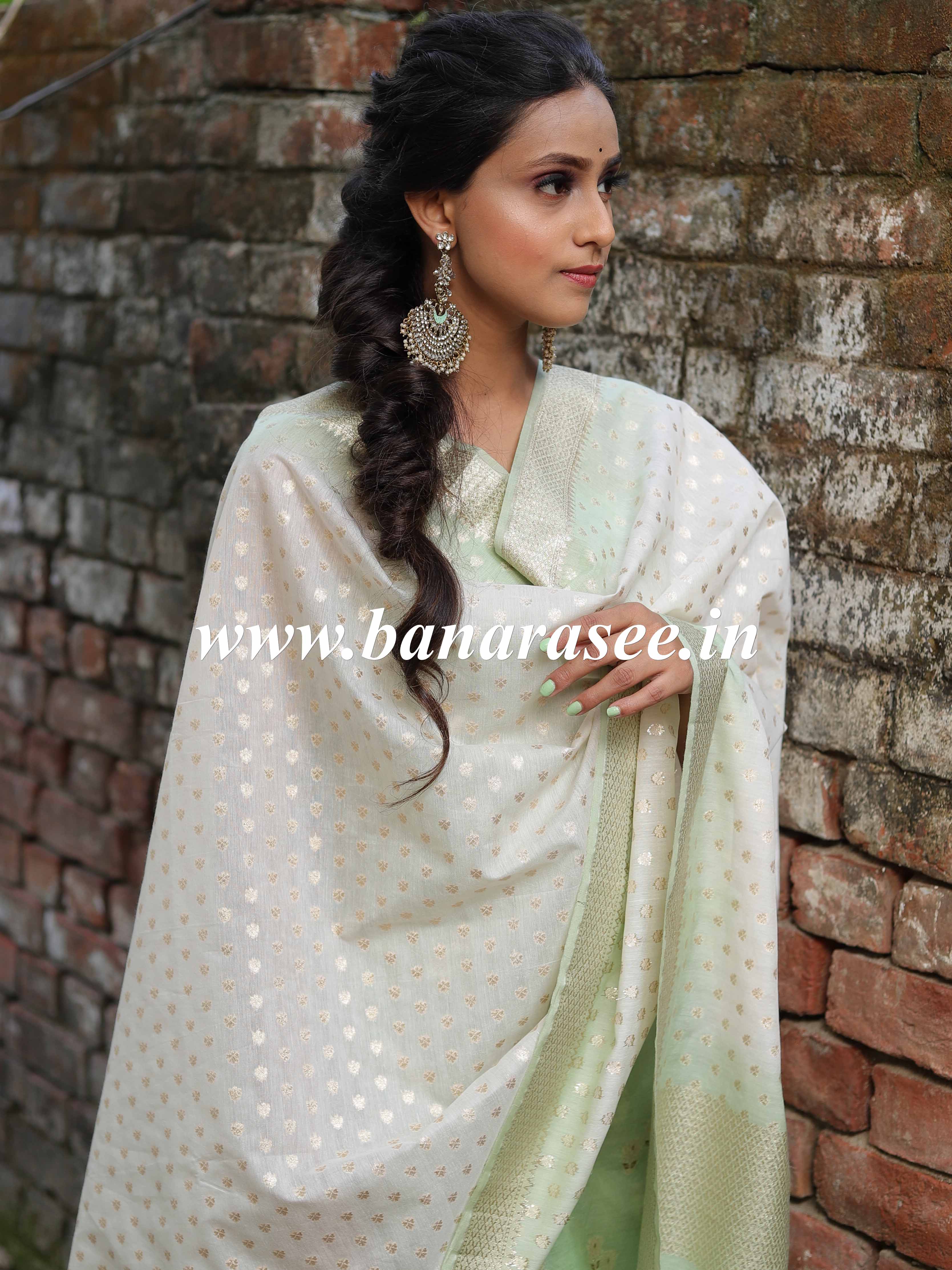 Banarasee Handloom Chanderi Silk Ombre Dyed Zari Work Salwar Kameez Dupatta Set-Green & White