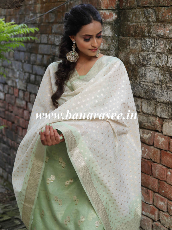 Banarasee Handloom Chanderi Silk Ombre Dyed Zari Work Salwar Kameez Dupatta Set-Green & White