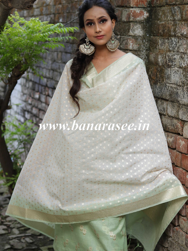 Banarasee Handloom Chanderi Silk Ombre Dyed Zari Work Salwar Kameez Dupatta Set-Green & White