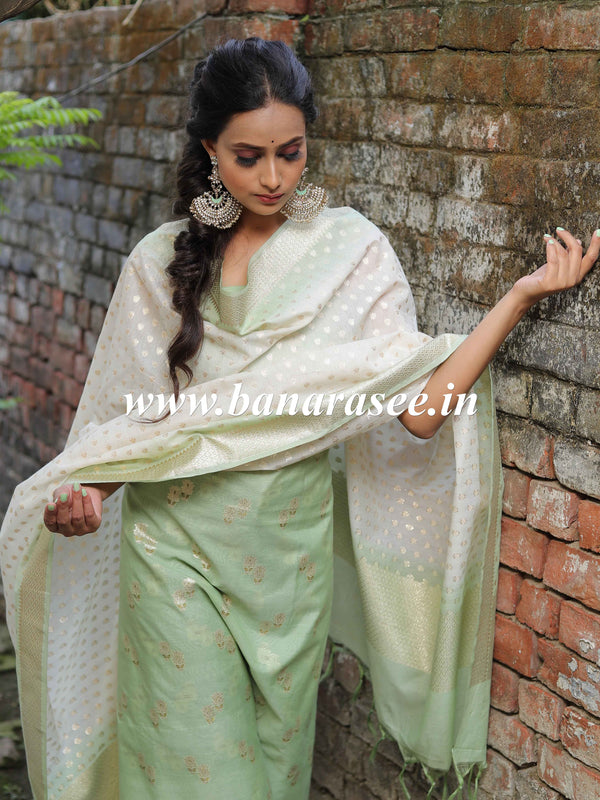 Banarasee Handloom Chanderi Silk Ombre Dyed Zari Work Salwar Kameez Dupatta Set-Green & White