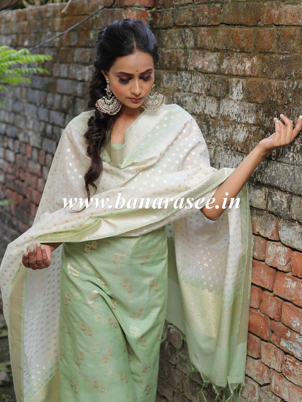 Banarasee Handloom Chanderi Silk Ombre Dyed Zari Work Salwar Kameez Dupatta Set-Green & White