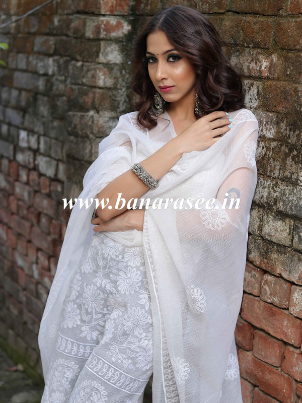 Banarasee Kota Doria Embroidered Salwar Kameez Dupatta Set-White
