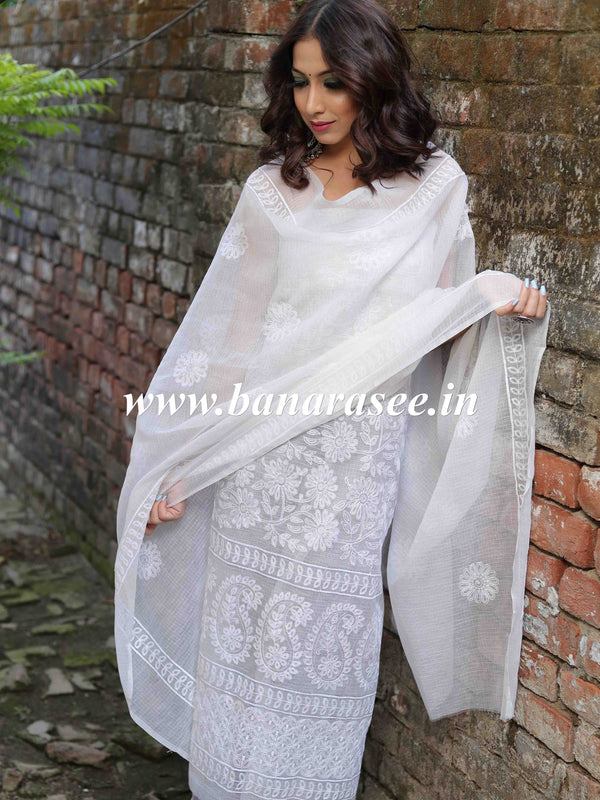 Banarasee Kota Doria Embroidered Salwar Kameez Dupatta Set-White