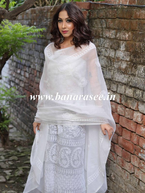 Banarasee Kota Doria Embroidered Salwar Kameez Dupatta Set-White