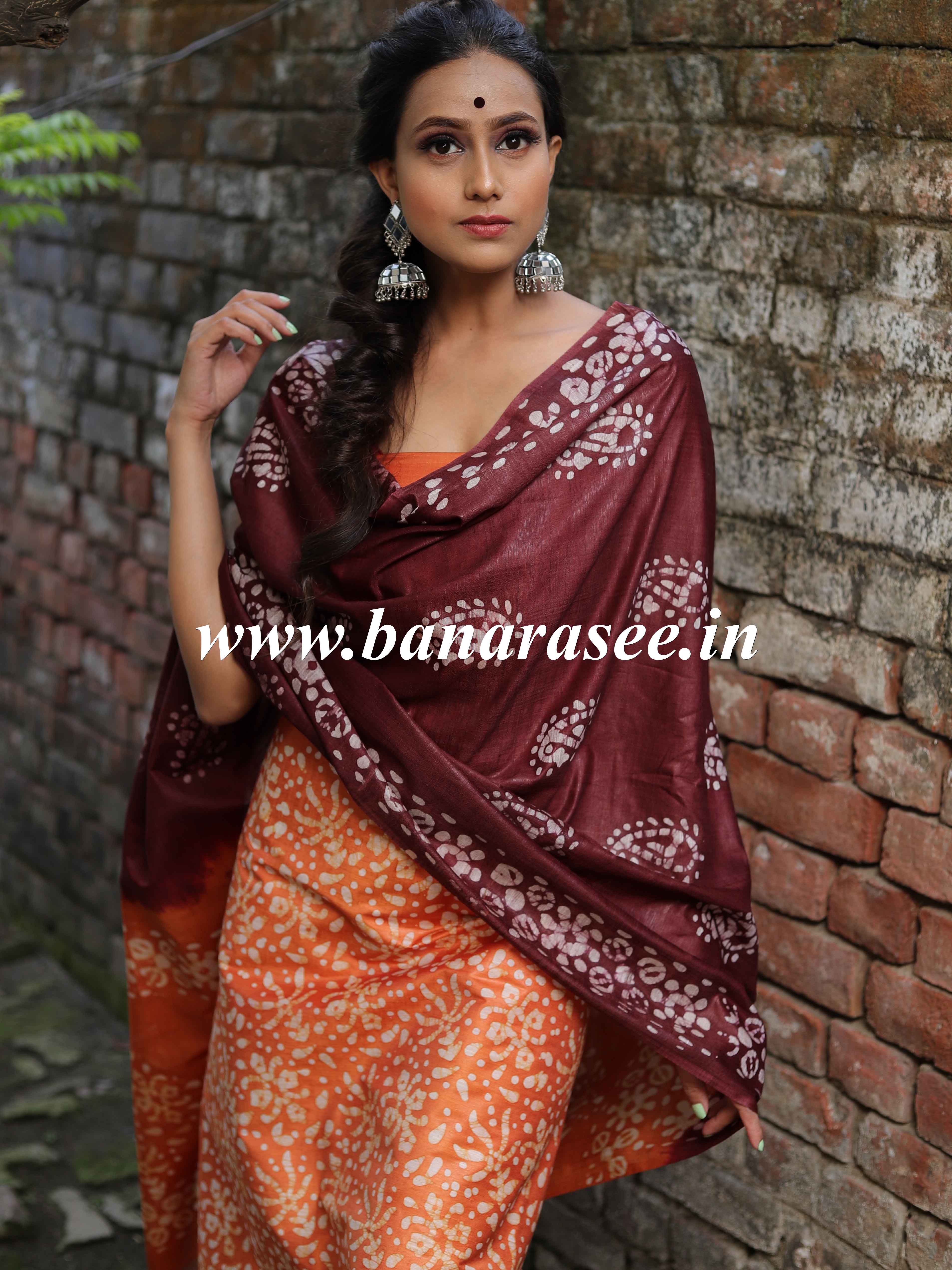 Handloom Khadi Cotton Hand-Dyed Batik Pattern Salwar Kameez Dupatta Set-Orange & Maroon