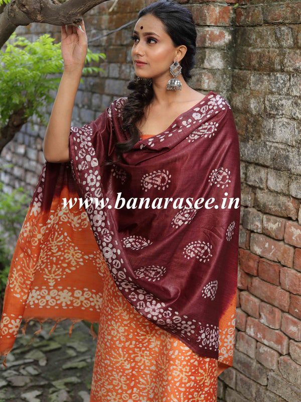 Handloom Khadi Cotton Hand-Dyed Batik Pattern Salwar Kameez Dupatta Set-Orange & Maroon