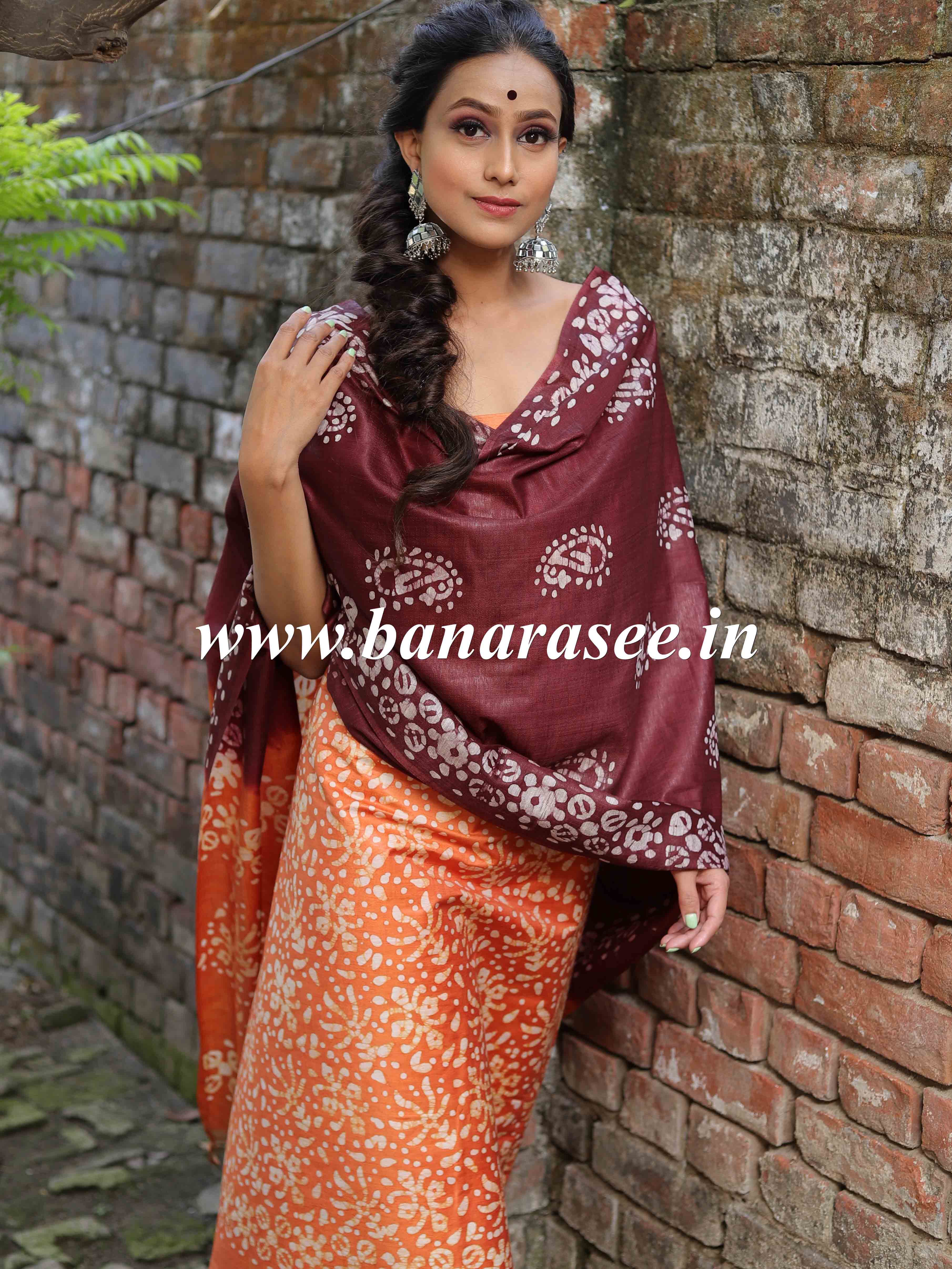 Handloom Khadi Cotton Hand-Dyed Batik Pattern Salwar Kameez Dupatta Set-Orange & Maroon