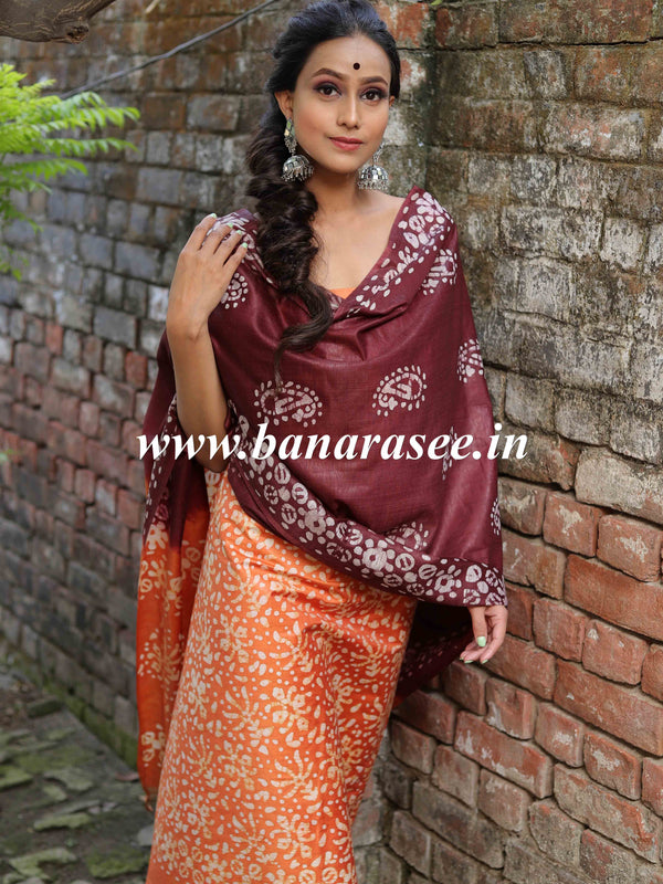 Handloom Khadi Cotton Hand-Dyed Batik Pattern Salwar Kameez Dupatta Set-Orange & Maroon