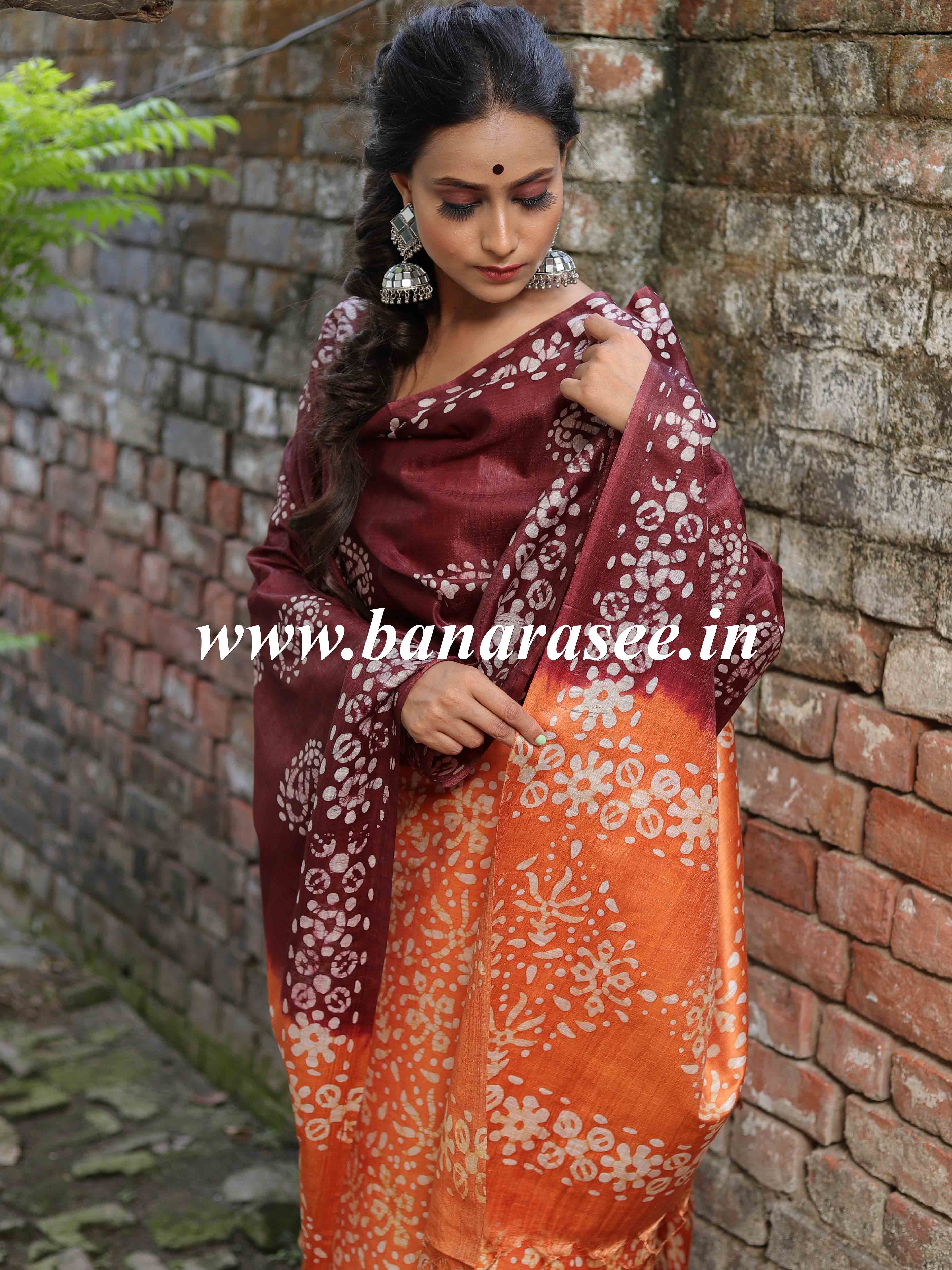 Handloom Khadi Cotton Hand-Dyed Batik Pattern Salwar Kameez Dupatta Set-Orange & Maroon