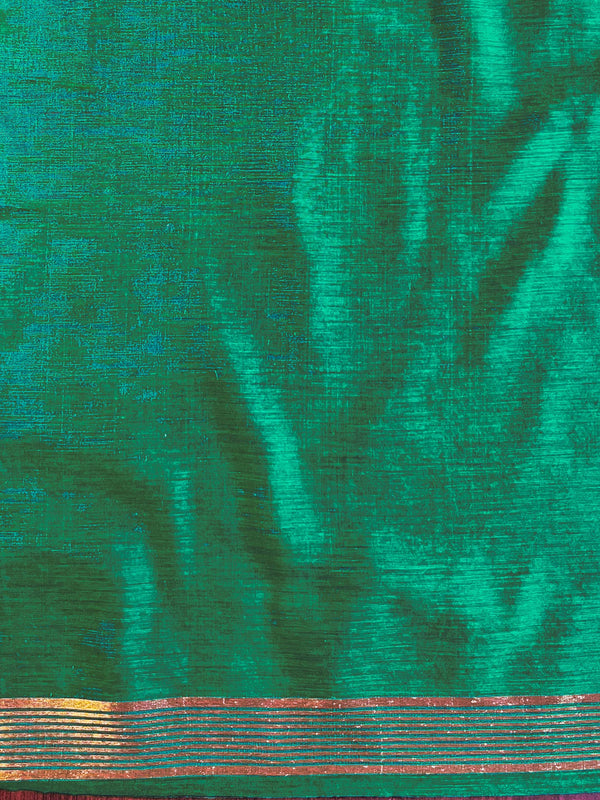 Banarasee Handwoven Pure Silk Cotton Saree With Zari Buti & Border-Green