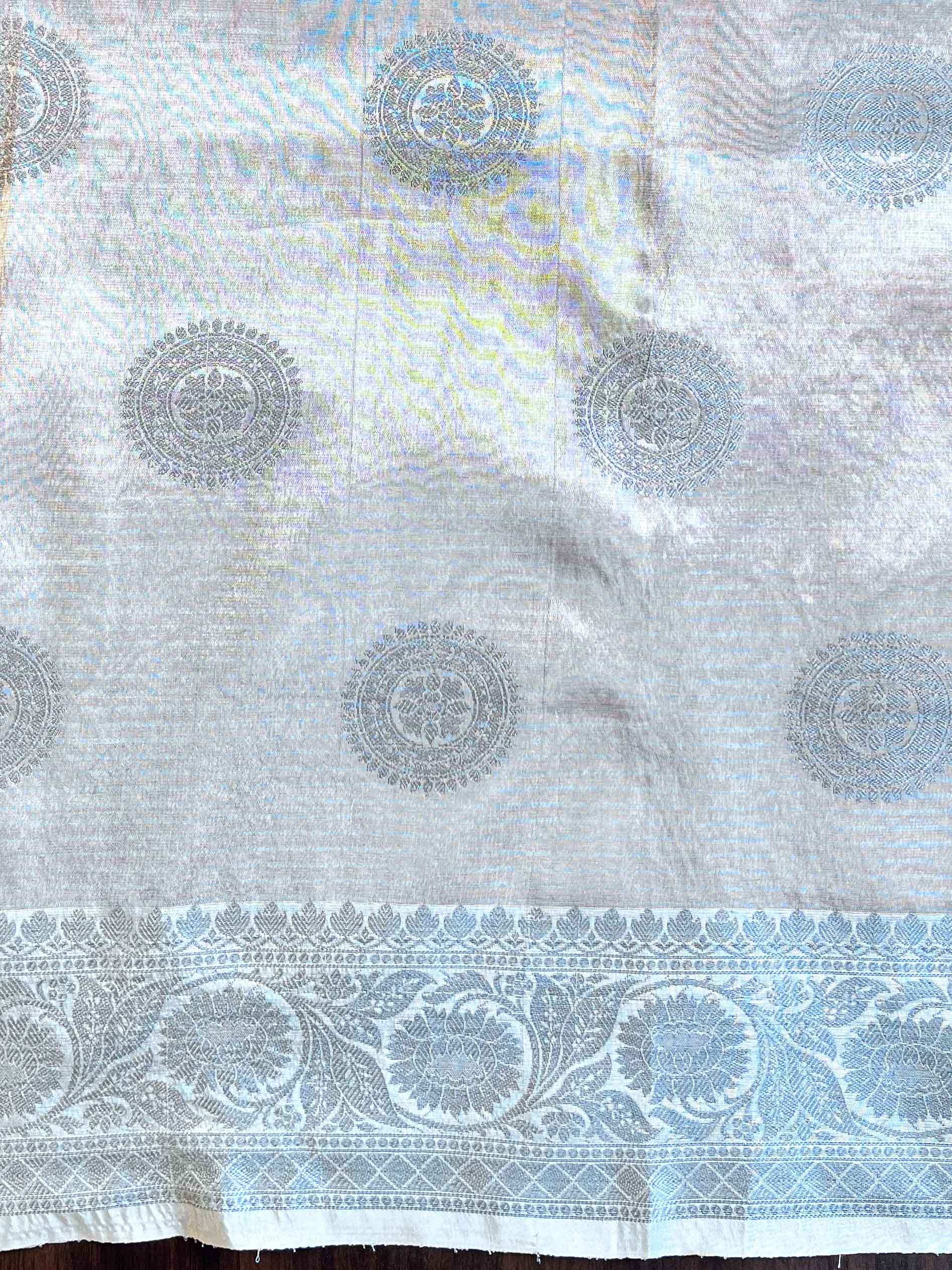 Banarasee Handwoven Broad Border Silver Zari Buta Design Tissue Saree-Pink