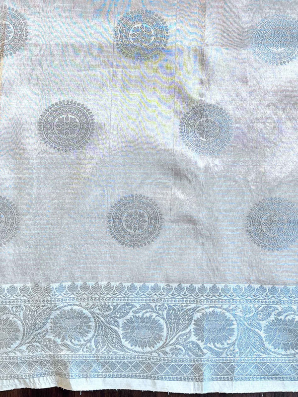 Banarasee Handwoven Broad Border Silver Zari Buta Design Tissue Saree-Pink