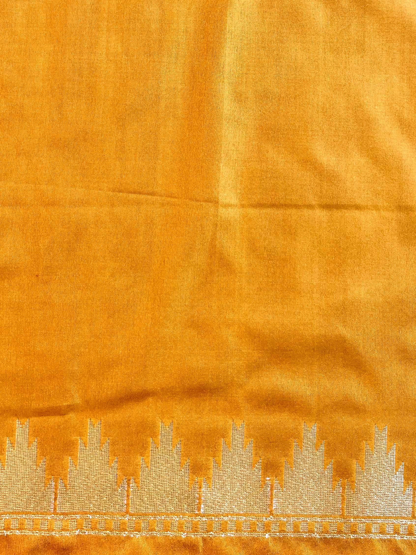 Banarasee Semi-Katan Zari Buta & Contrast Border Saree-Red & Yellow